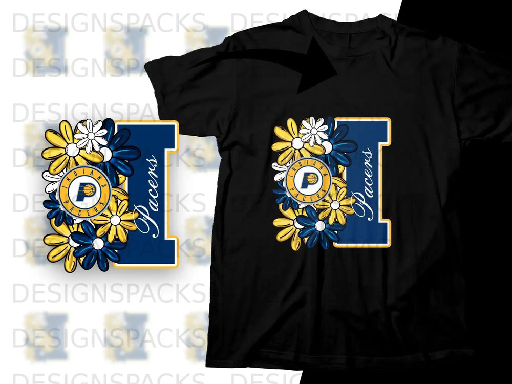 Indiana Pacers logo with blue and yellow flowers on a black t-shirt.