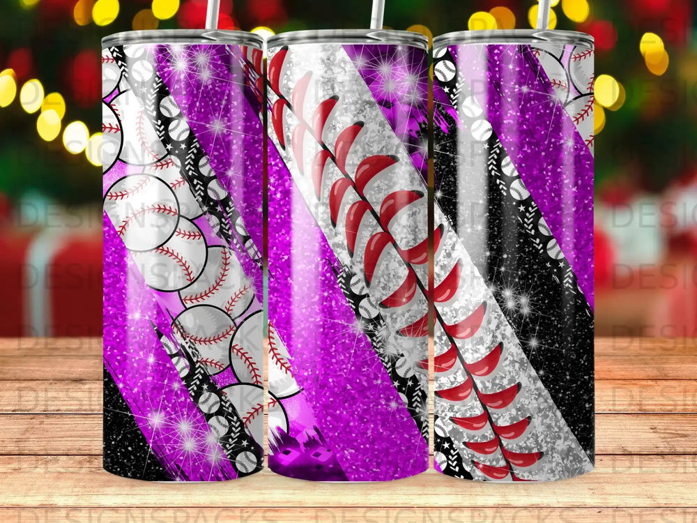 Tumbler with purple glitter, baseball pattern, and black and white accents.