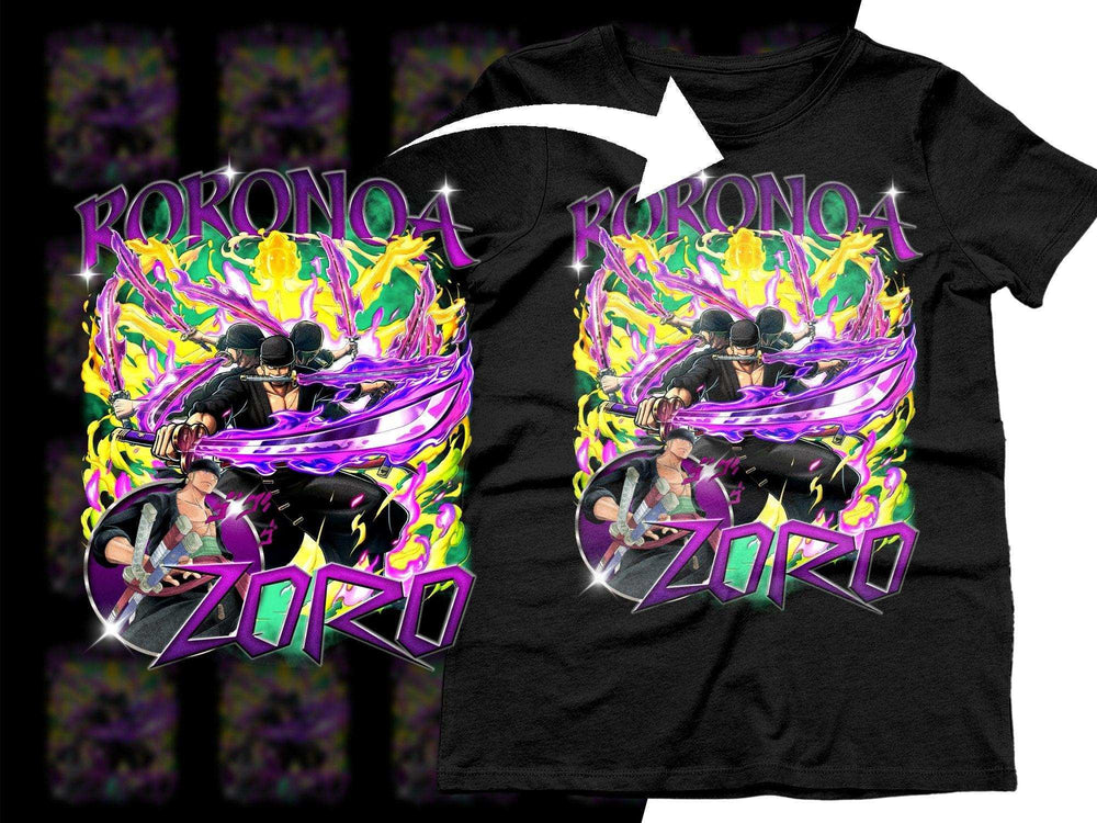 Zoro Roronoa anime t-shirt design with vibrant purple and yellow flames, print-ready for DTG or DTF.