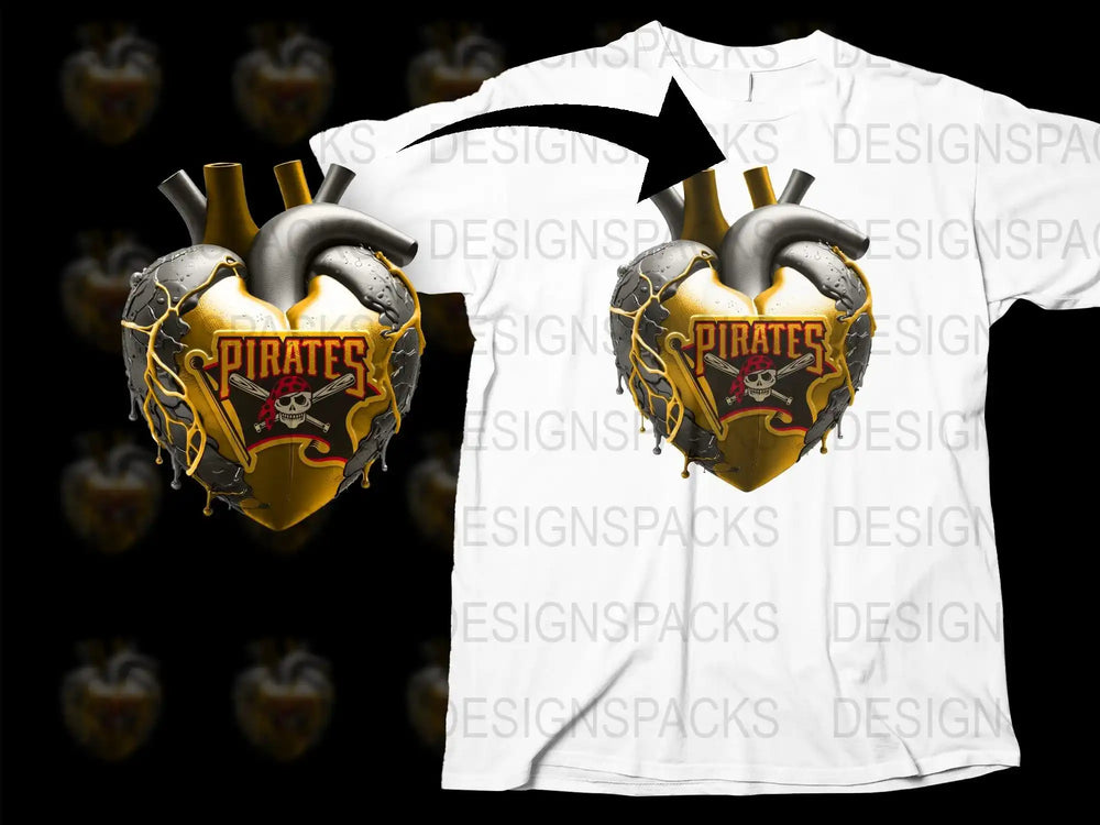 Pirates heart design with skull, crossed bats, gold and black drips on white t-shirt, print-ready graphic