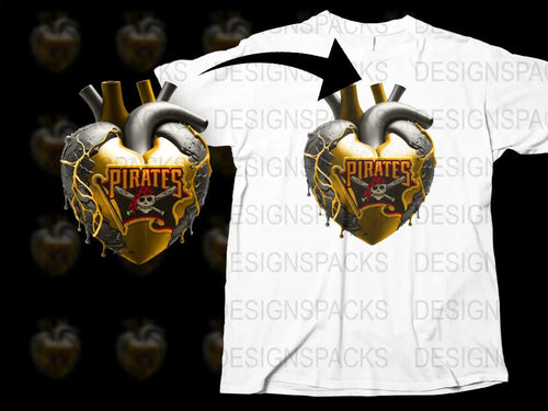 Pirates heart design with skull, crossed bats, gold and black drips on white t-shirt, print-ready graphic