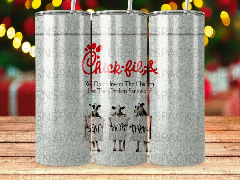 Chick-fil-A tumbler with cows and "Eat Mor Chikin" slogan.