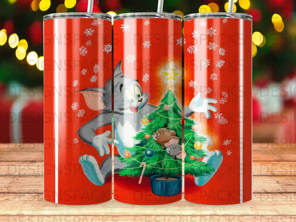 Tom and Jerry characters decorate a red Christmas tree ornament.