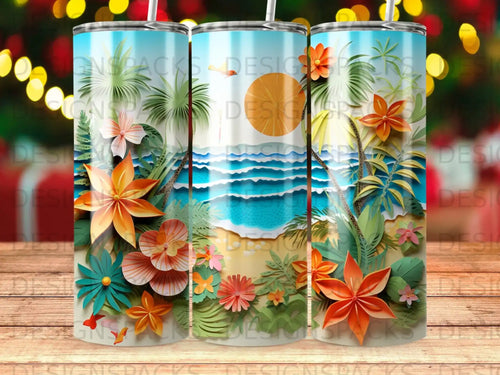 Tropical beach scene with palm trees, flowers, and ocean waves.