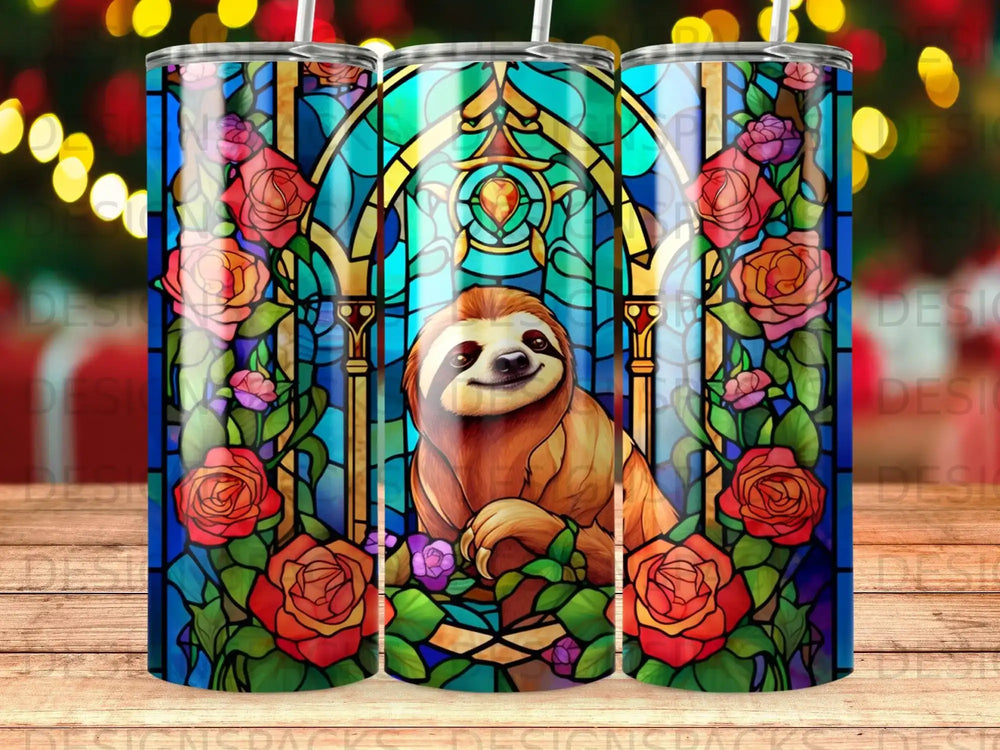 Stained glass sloth surrounded by red roses and green leaves.