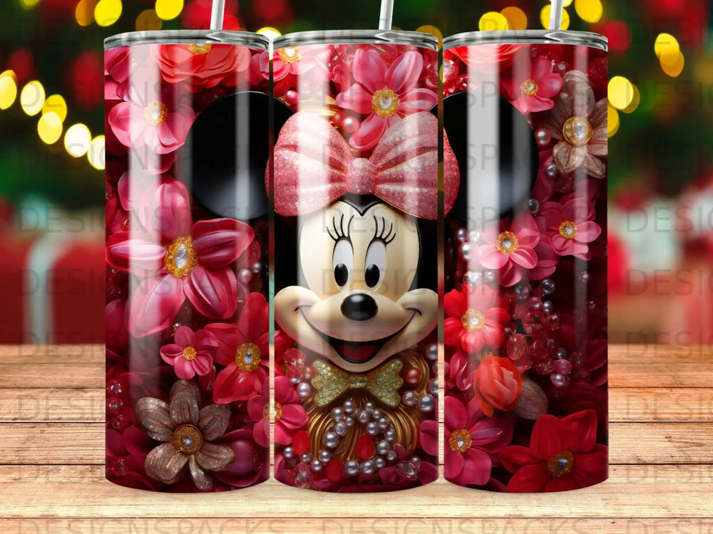 Minnie Mouse with a red bow and pearl necklace surrounded by red flowers.