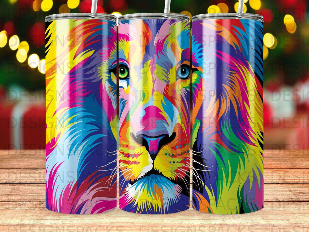 Colorful lion face on a tumbler with abstract bokeh background.