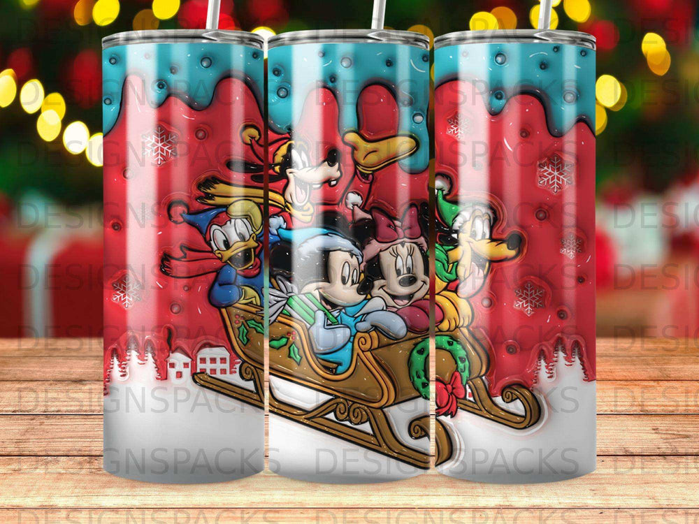 Mickey, Minnie, Goofy, and Pluto on a festive holiday sleigh.