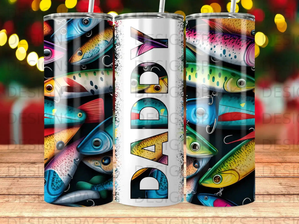 Tumbler with "DADDY" text surrounded by colorful fish illustrations.