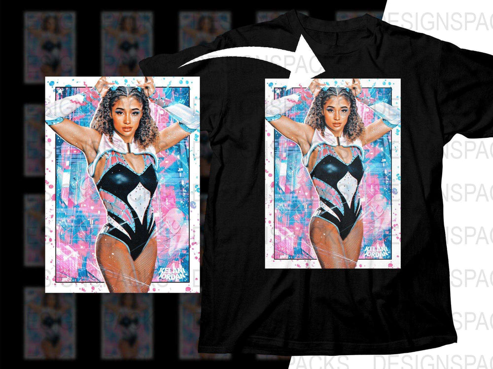Kelani Jordan cheerleader design on black t-shirt, print-ready DTF/DTG graphic with pink and blue splatter background