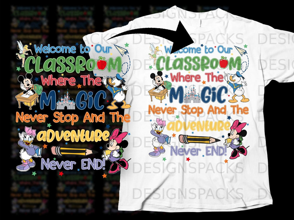 Disney characters welcome students to a classroom of magic and adventure.