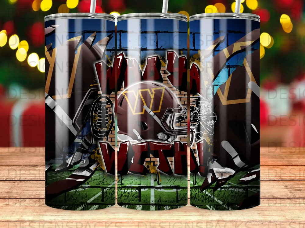 Washington Commanders football helmet and field graphic on a tumbler.