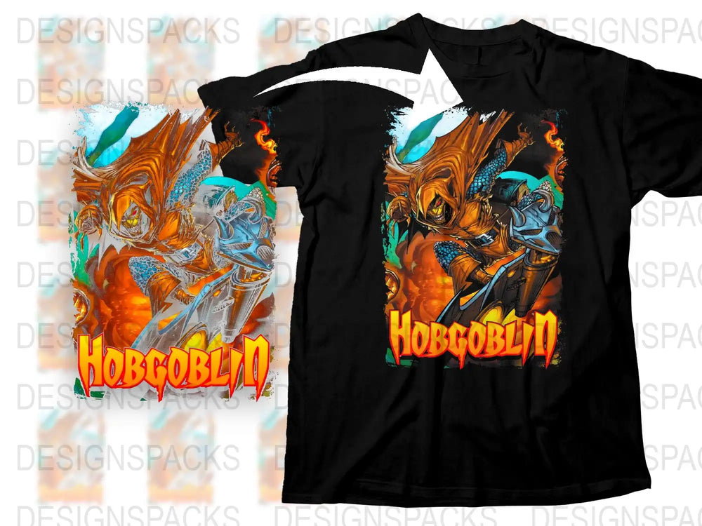 Hobgoblin fantasy warrior design on black t-shirt, vibrant orange and blue artwork, print-ready graphic