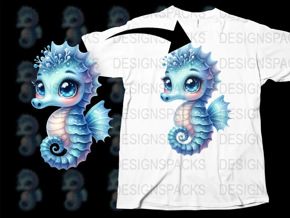 Cute Blue Seahorse Cartoon T-Shirt, Unisex Kids' Ocean Animal Graphic Tee, Soft Cotton Summer Shirt for Children