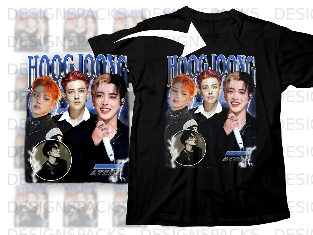 Black t-shirt featuring K-pop group ATEEZ members Hongjoong and Mingi.