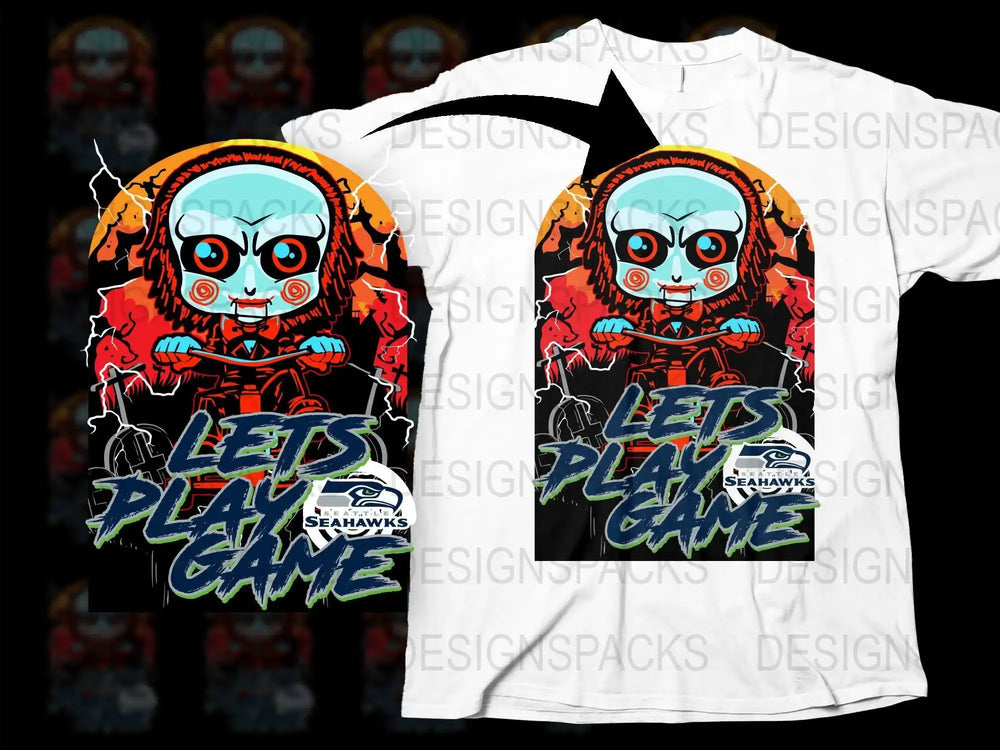 Scary doll t-shirt design with 'Let's Play Game' text and Seattle Seahawks logo, print-ready for DTG or DTF.