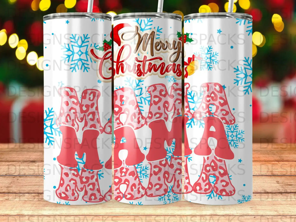 Red and white "Mama" text with leopard print and snowflakes, on a tumbler.