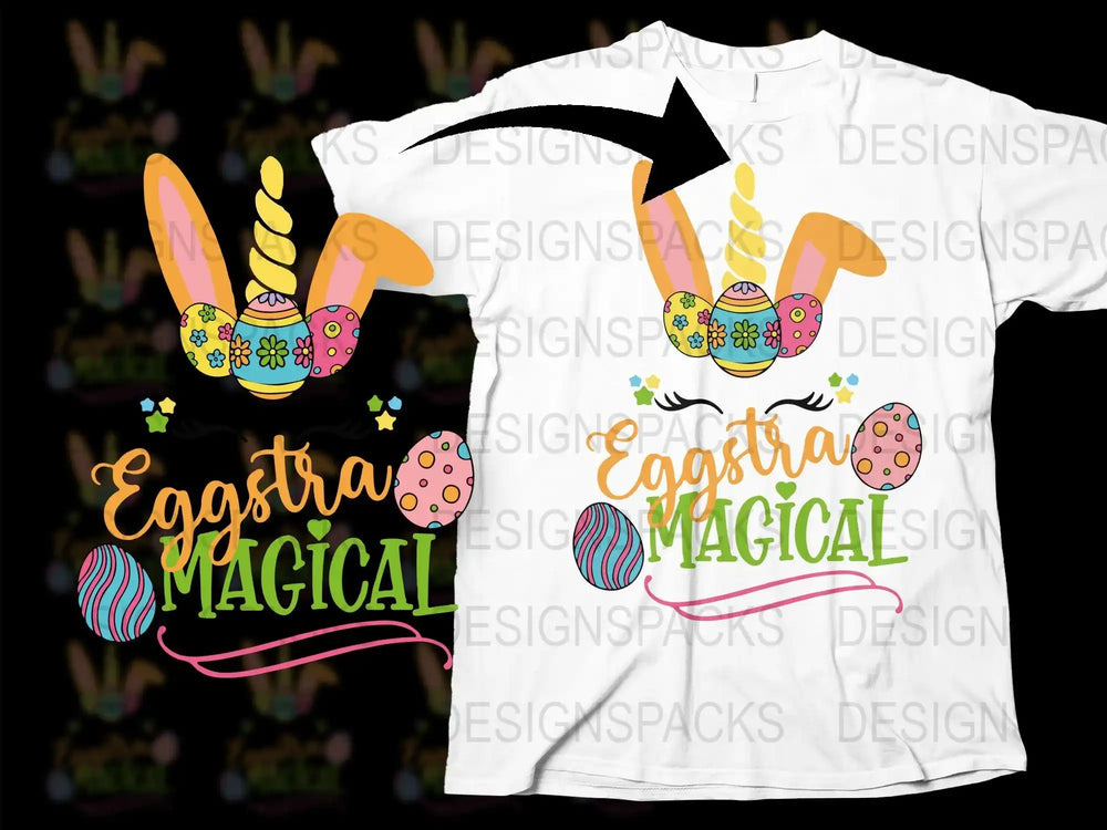 Eggstra Magical Easter t-shirt design with bunny ears, unicorn horn, and colorful eggs