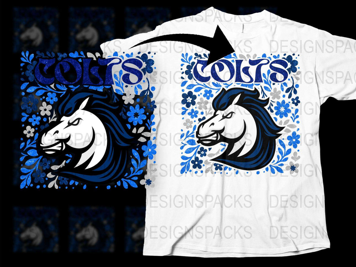 Blue and White Horse Graphic T-Shirt, Floral Pattern, Stylish Unisex Casual Wear