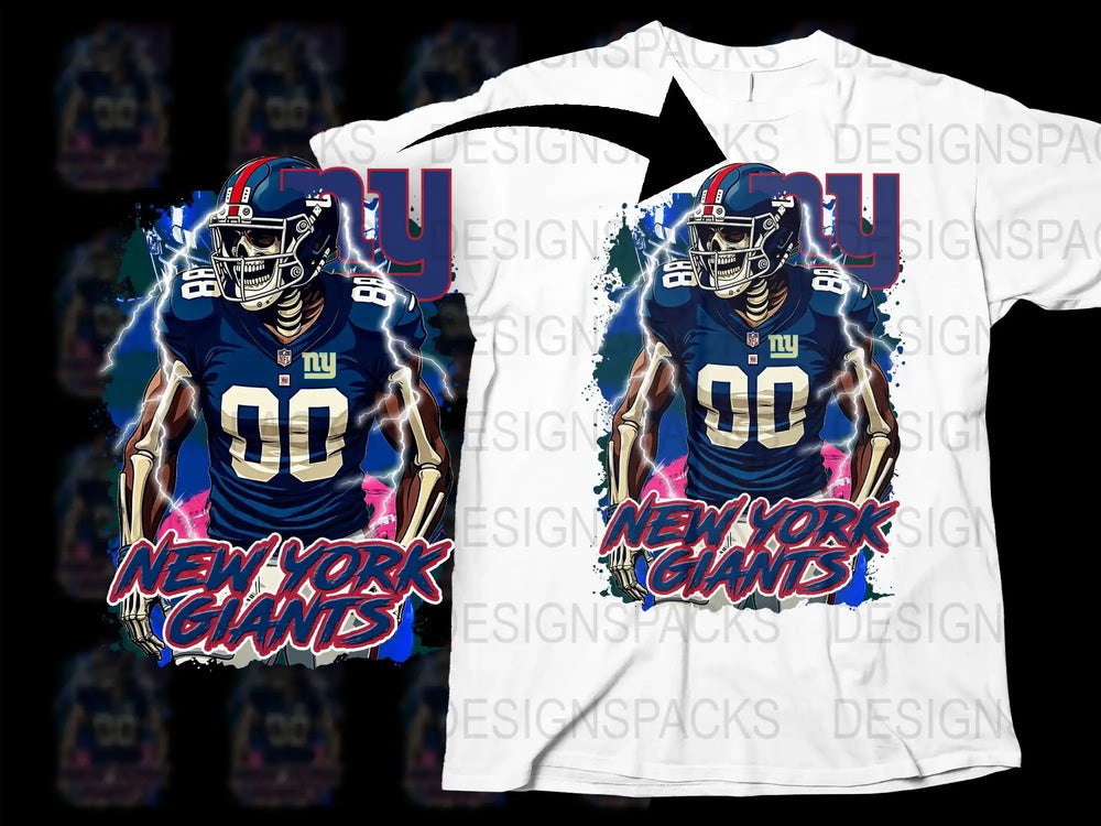 New York Giants skeleton football player design on white t-shirt with lightning effects
