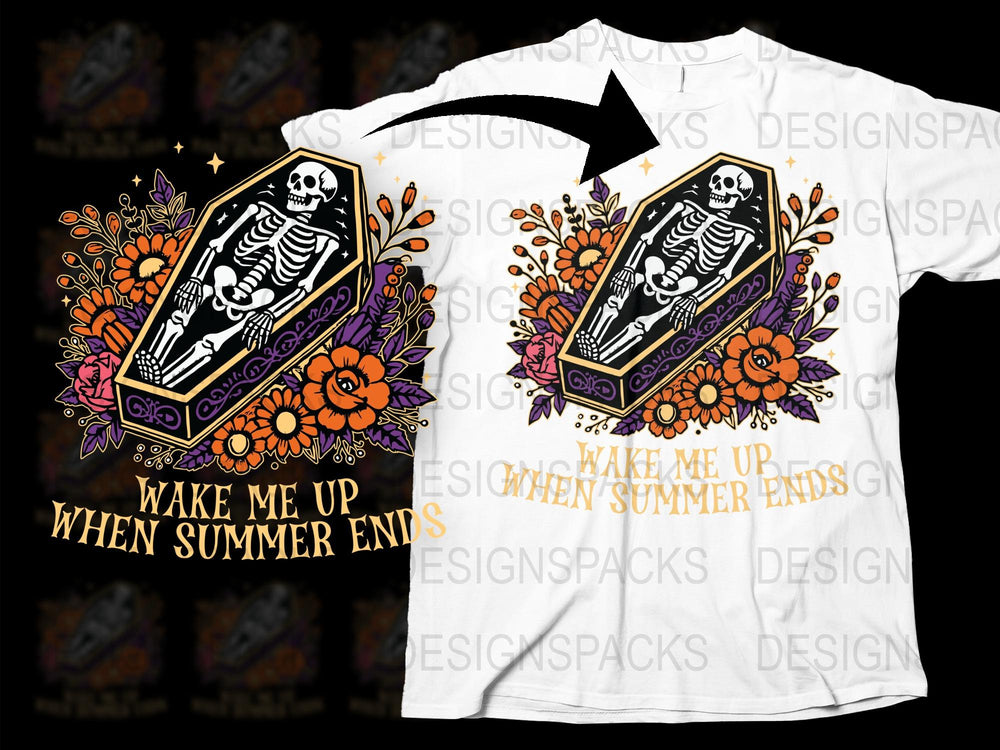 Skeleton Coffin Floral Design T-Shirt, 'Wake Me Up When Summer Ends' Graphic Tee, Unisex White Casual Shirt with Gothic Art