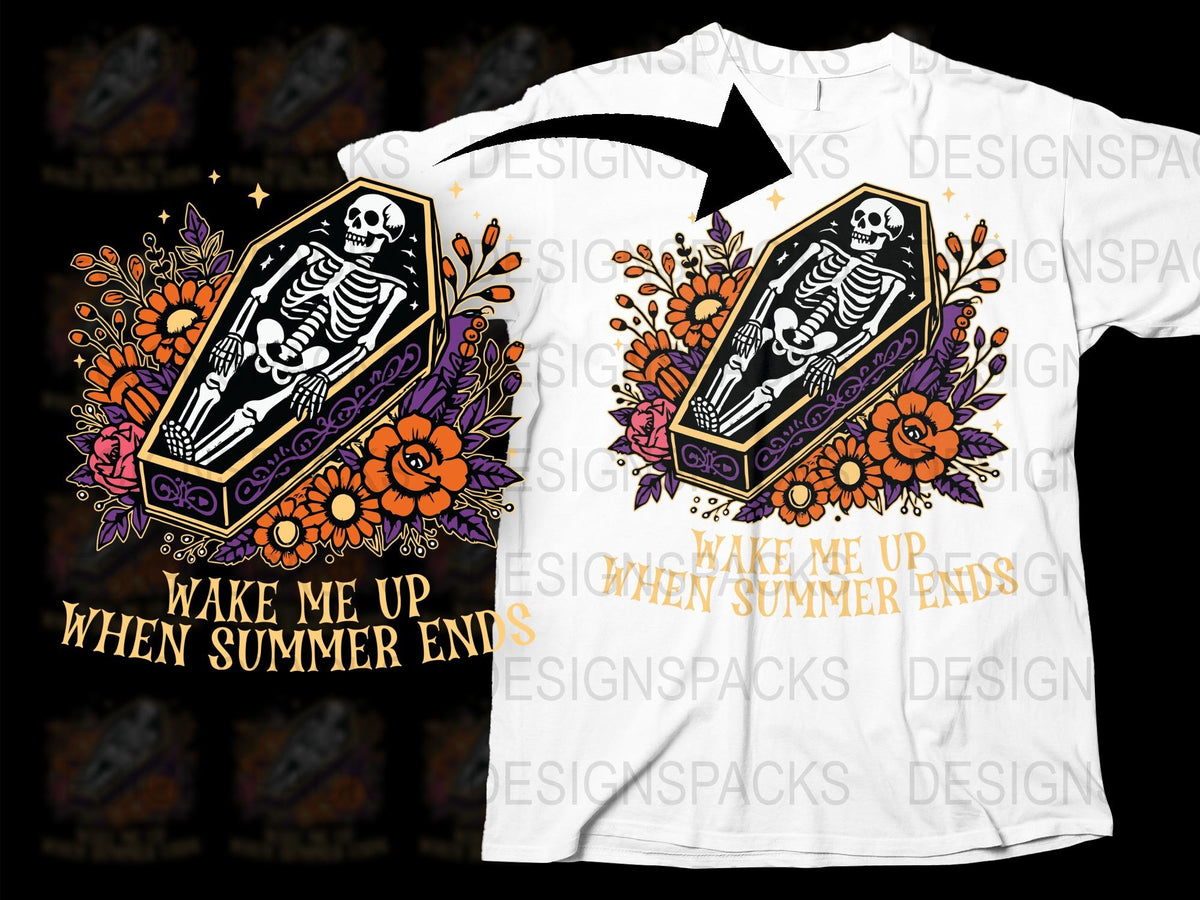 Skeleton Coffin Floral Design T-Shirt, 'Wake Me Up When Summer Ends' Graphic Tee, Unisex White Casual Shirt with Gothic Art
