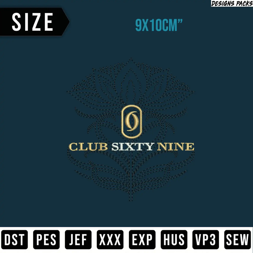 Club Sixty Nine embroidered patch, 9x10cm, with floral design and format list.