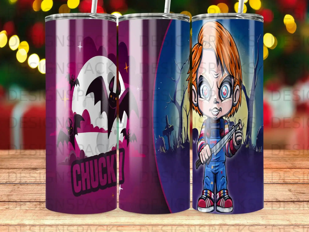 Chucky doll with knife on a purple tumbler, text reads "CHUCK".