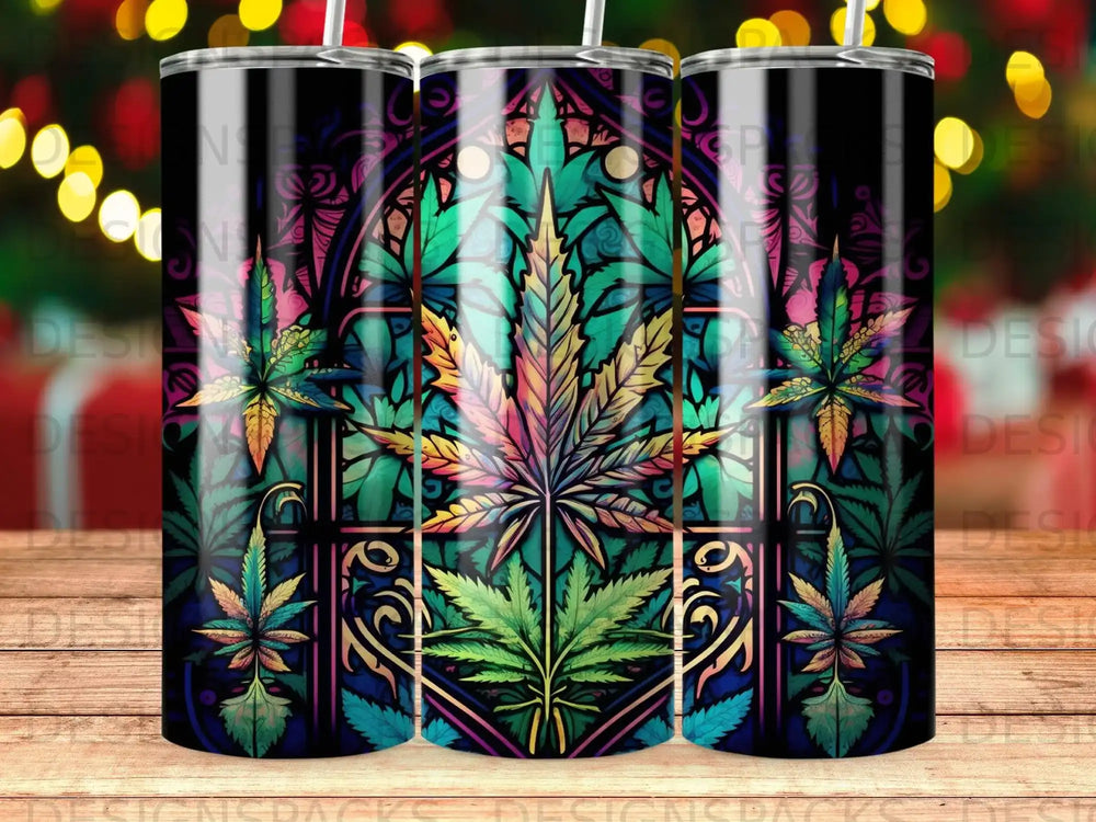 Stained glass marijuana leaf design on a black tumbler.