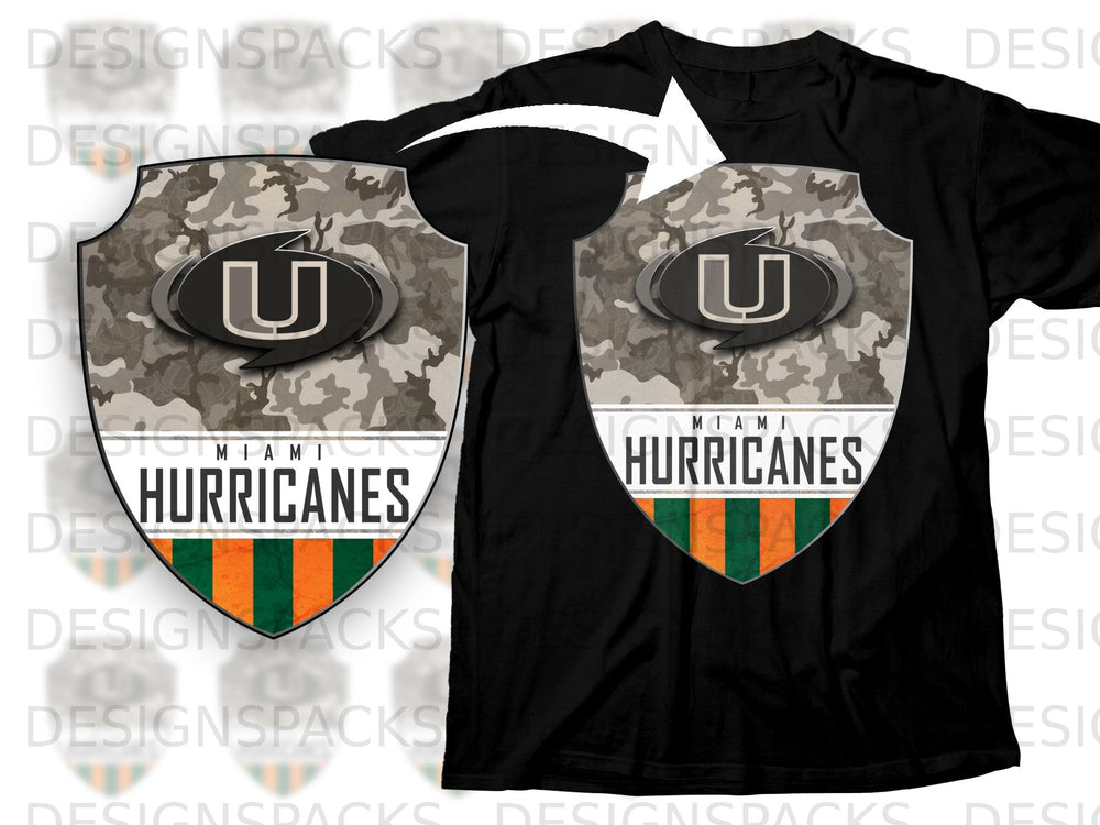 Black t-shirt featuring a Miami Hurricanes shield with camouflage and stripes.