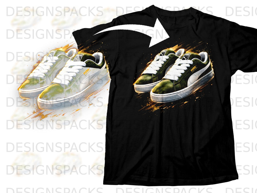 Black t-shirt featuring green Puma sneakers with white laces and gold accents.