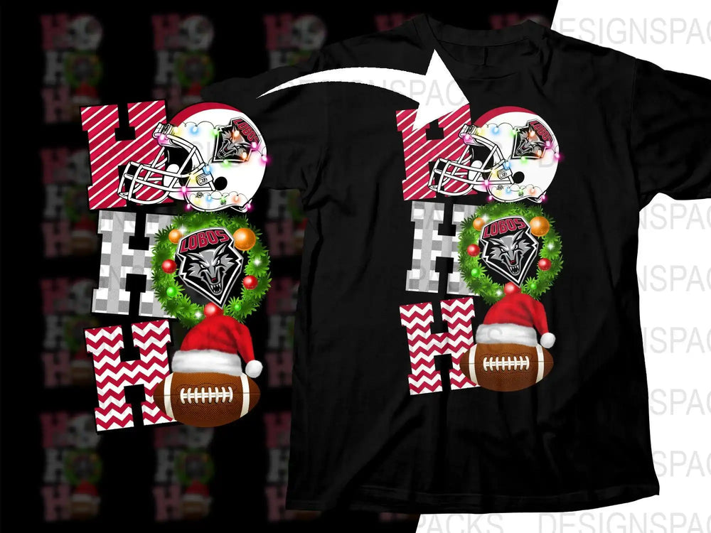 Lobos football holiday design with wreath, lights, and Santa hat on black t-shirt