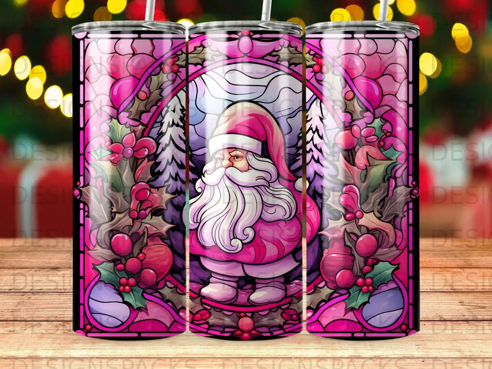 Stained glass Santa with holly and berries, surrounded by winter trees.