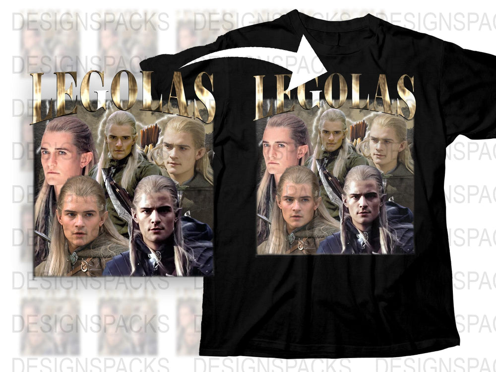 Legolas Graphic T-Shirt, Lord of the Rings Inspired, Elf Character Collage, Movie Fan Gift, Unisex Black Tee