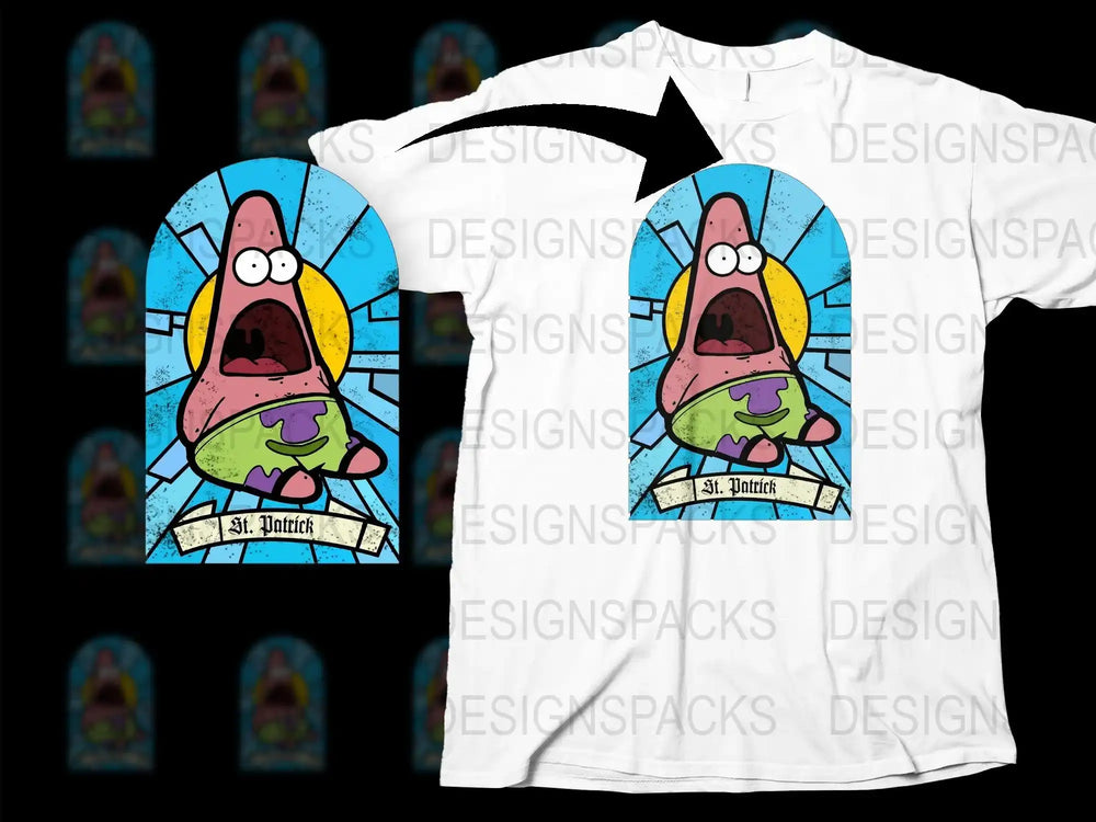 St. Patrick stained glass design on white t-shirt, print-ready graphic for DTG/DTF