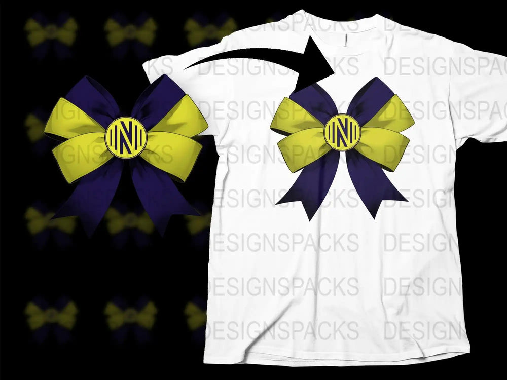 Purple and yellow bow design with monogram on white t-shirt, print-ready for DTG or DTF