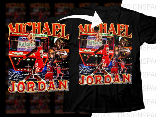 Michael Jordan basketball design on black t-shirt, featuring iconic dunks and vintage ads