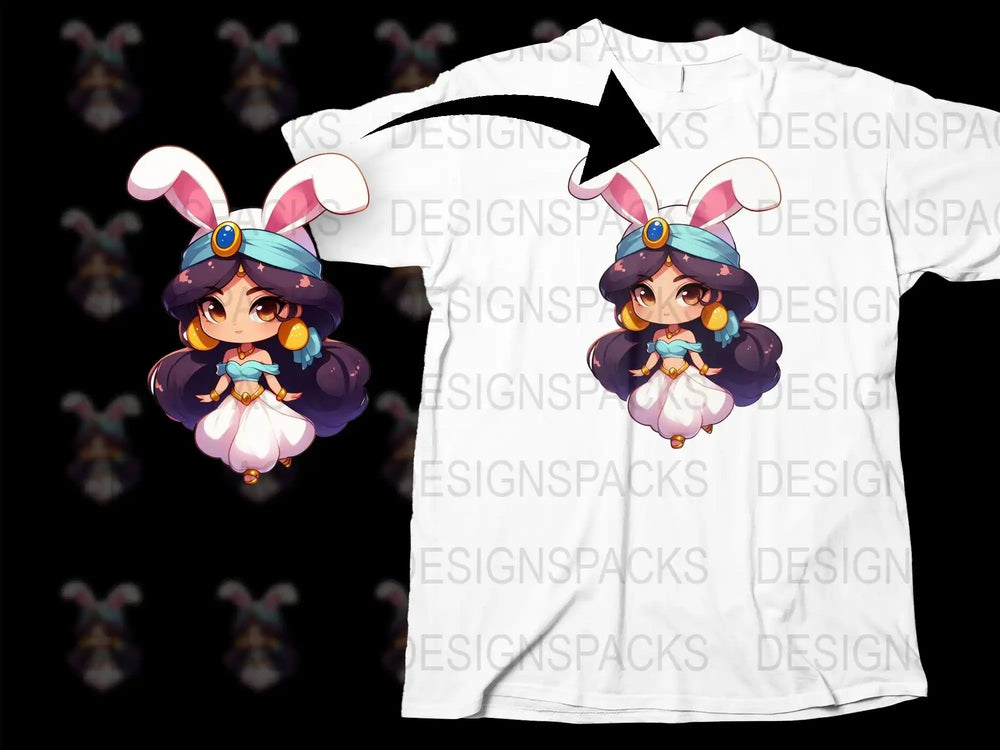 Cute bunny-eared princess design on white t-shirt, perfect for DTF/DTG printing