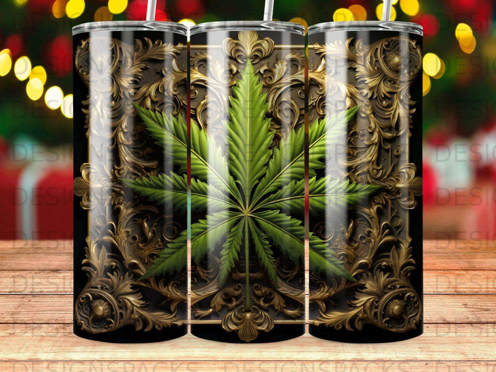 Cannabis leaf with ornate gold scrollwork design on a black background.