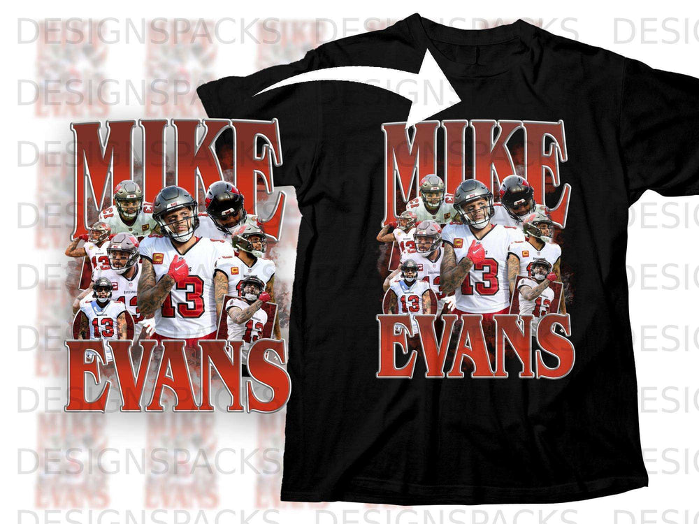 Black t-shirt with "Mike Evans" text and player graphic.