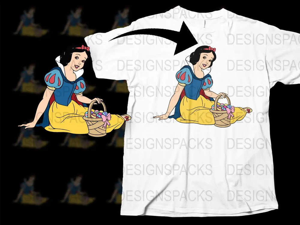 Snow White with Easter basket design on white t-shirt, print-ready for DTG or DTF