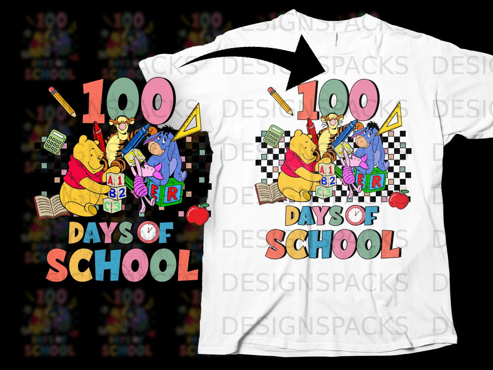 Winnie the Pooh characters celebrate 100 days of school with alphabet blocks and school supplies.