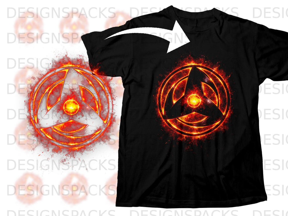 Black t-shirt with a fiery red and orange tomoe symbol graphic on the front.