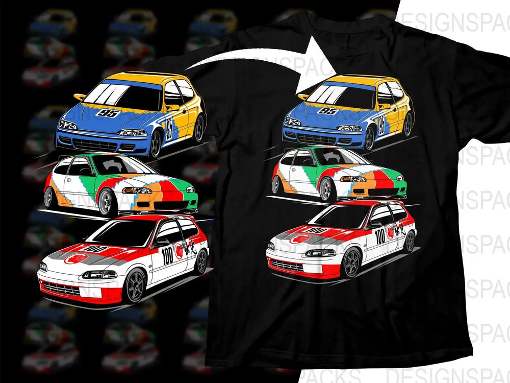 Black t-shirt with colorful race car designs, print-ready for DTG/DTF, featuring vibrant Honda Civic graphics.