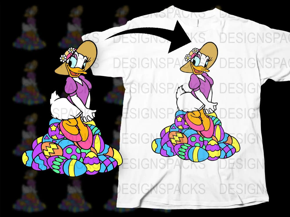 Easter Daisy Duck design on white t-shirt, colorful egg skirt, print-ready PNG