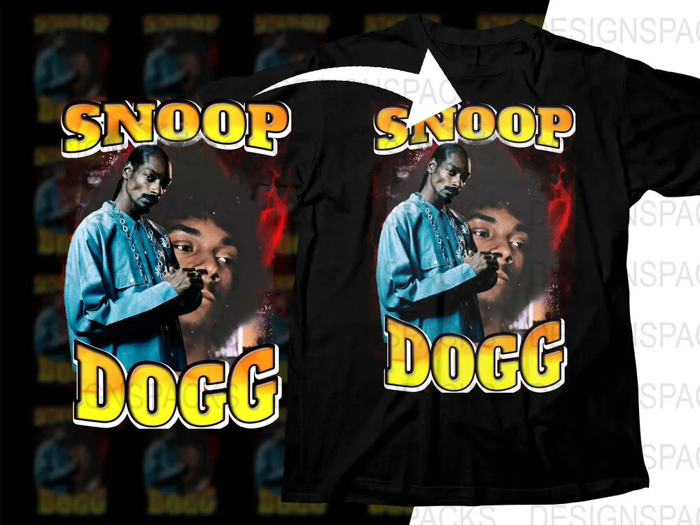 Snoop Dogg t-shirt design with bold yellow text and flame effects, print-ready for DTG or DTF
