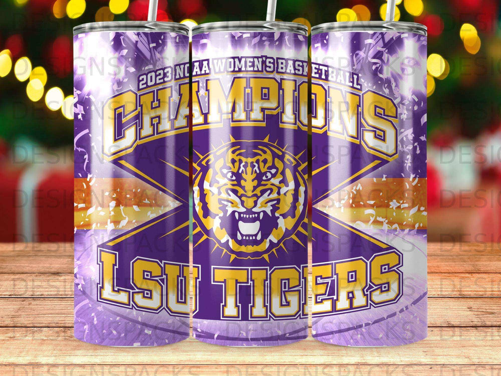 LSU Tigers 2023 NCAA Women's Basketball Champions tumbler with tiger graphic.
