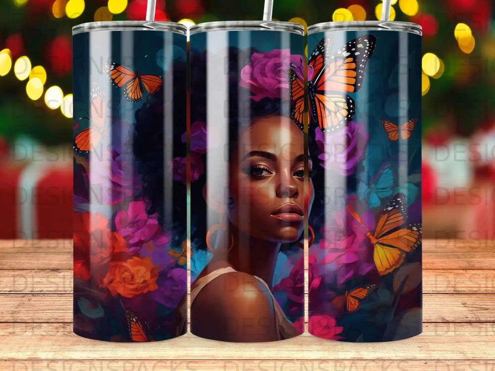 Woman with butterflies and flowers, digital art tumbler.
