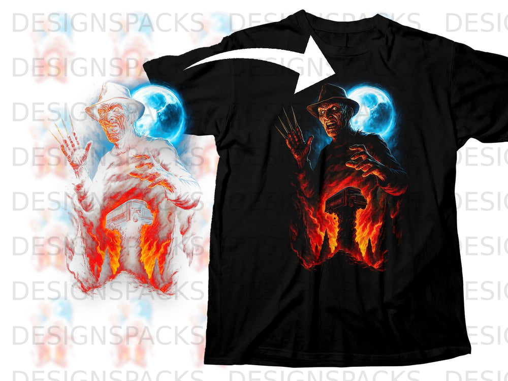 Black t-shirt with a Freddy Krueger graphic featuring a burning school bus and blue moon.