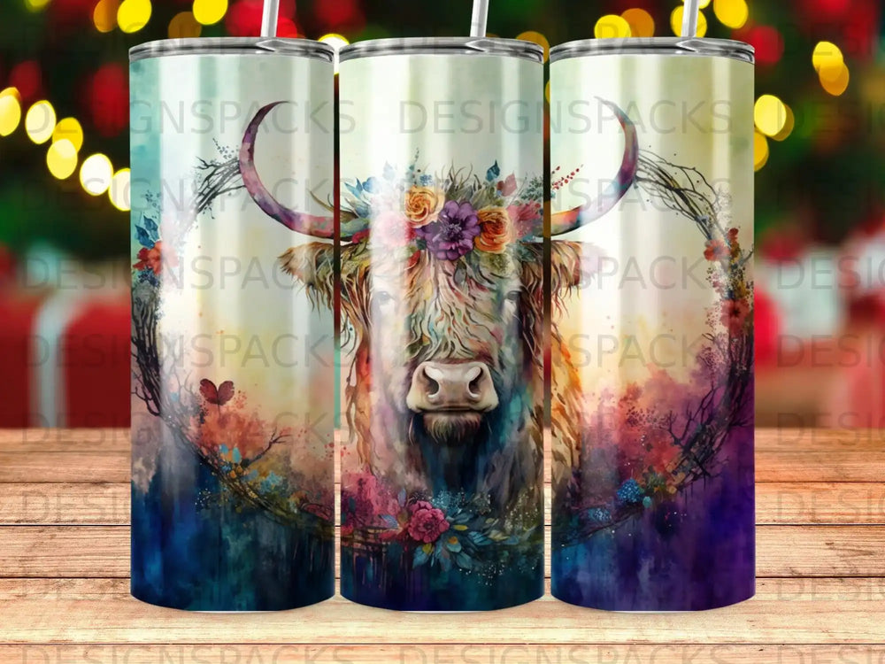 Highland cow with floral wreath, watercolor style, on a tumbler.